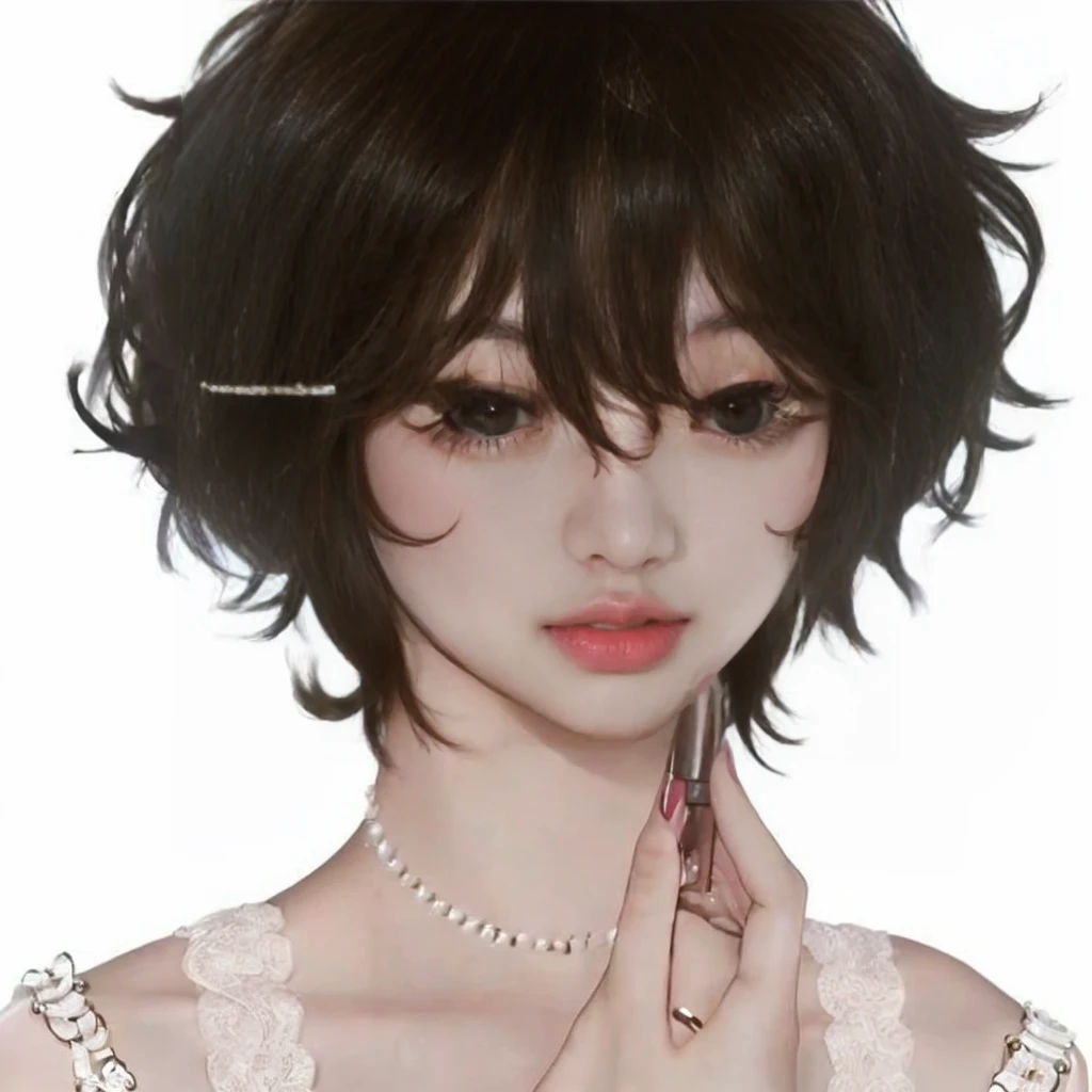 Taehyung Kim, With a lipstick in her hand, fleshy lips, eyes large, wavy hair
