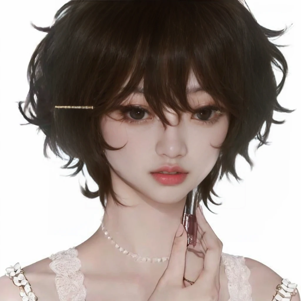 Taehyung Kim,  With a lipstick in her hand, fleshy lips, eyes large, wavy hair
