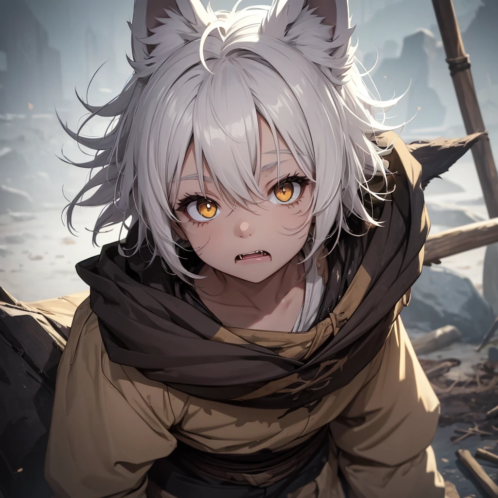 Toddler boy, wolf ears, wolf tail, short white hair, golden eyes, mud dirty, scars, fangs, playful face, viking clothes