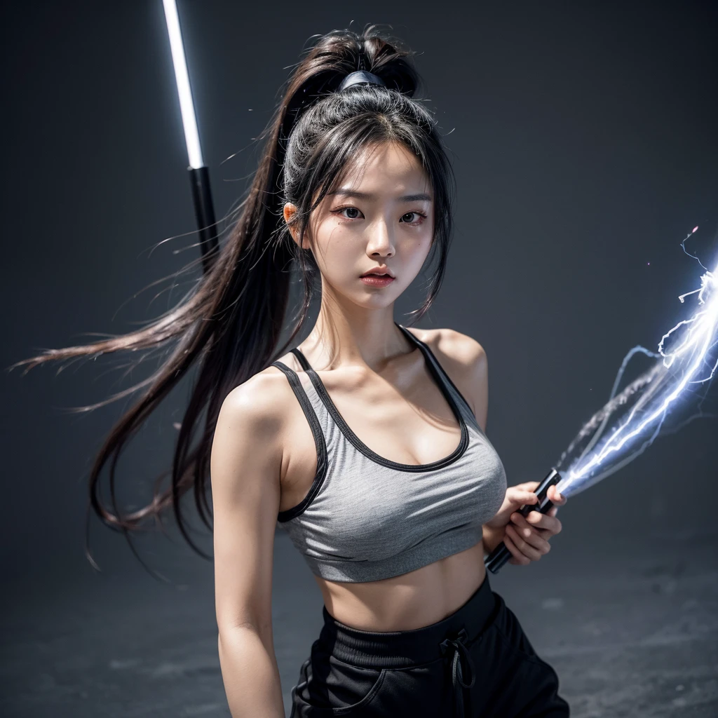 A beautiful Korean woman appears as metallic white smoke in HD quality. She has Mangekyo Sharingan eyes and long black hair with gray streaks, tied into two ponytails. She wears a sport bra, and black pants. Floating with an angry expression, she holds glowing red katanas in both hands. The background is a bold gray room with blue lightning flashes. Detailed, UHD, realistic, 8K quality.