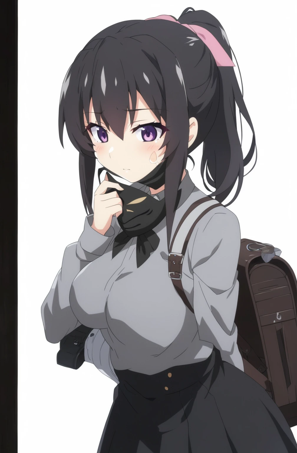 anime girl with a backpack and a mask on her face, purple eyes, anime moe artstyle, cute anime waifu in a nice dress, anime visual of a cute girl, beautiful anime high school girl, gray shirt, short skirt, anime girl with long hair, ponytail hairstyle, high quality anime artstyle, from girls frontline, anime style 4k, mature anime girl, anime girl wearing a black dress, kantai collection style,black shiny hair, taking off the mask, normal breast