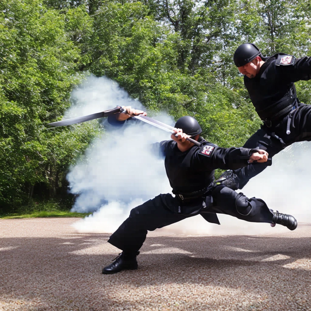 Aerial swordfighting ninjutsu fighters, falling from the sky, sparks from metal on metal contact, clouds, bright spring day.. No extra legs, no extra body parts,  