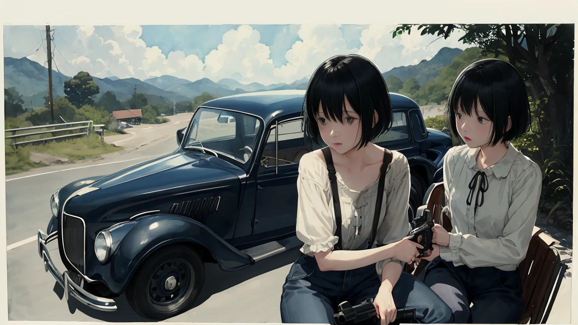girl、My face is hazy、blouse、Holding a gun、Curved road sign、Black Hair、short hair、Look down、Sit on top of the car、sitting cross-legged、Watercolor、Looking into the distance、Stylish illustrations、