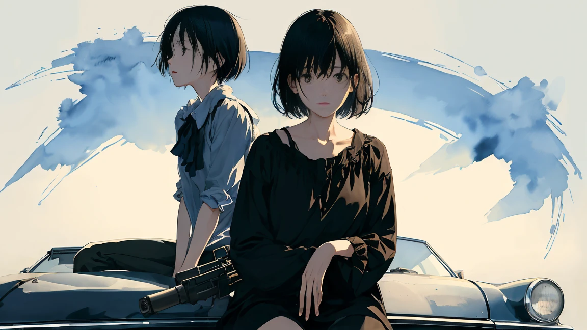 girl、My face is hazy、blouse、Holding a gun、Curved road sign、Black Hair、short hair、Look down、Sit on top of the car、sitting cross-legged、Watercolor、Looking into the distance、Stylish illustrations、