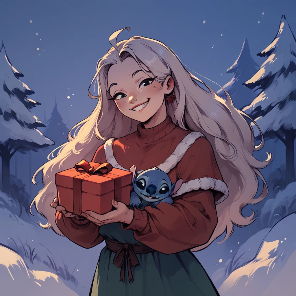 Stitch was holding a Christmas gift on the snow and smiling happily