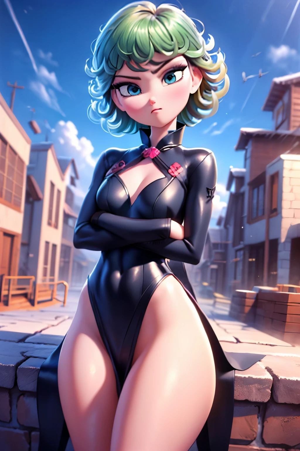 (masterpiece, best quality: 1.2), cowboy shot, solo, 1girl, (tatsumaki), angry, mouth shut, looking at the viewer, arms crossed, black dress, blue sky, clouds, wide hip, thick thighs, defined body, perfect beautiful body, perfect beautiful ass, micro white panties insert in the crotch.