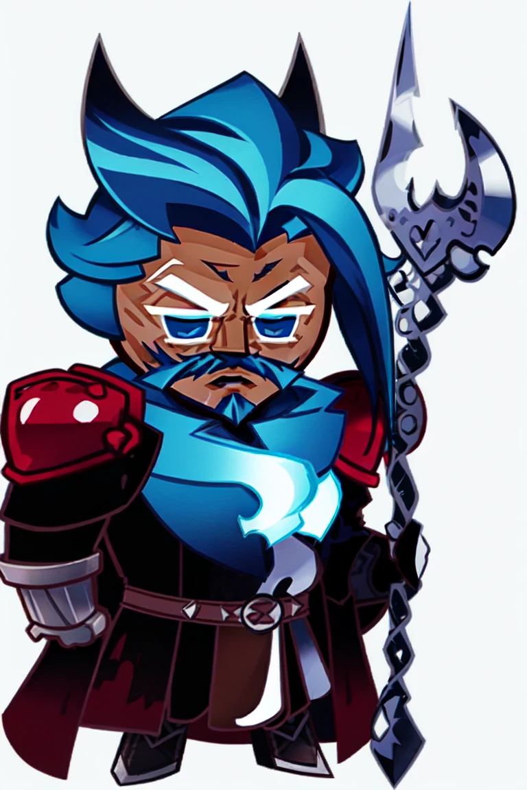 cookierun, male, male_focus, blue hair, battleaxe, blue eyes, heterochromia, best quality, illustration, 1boy, solo, chibi, beard