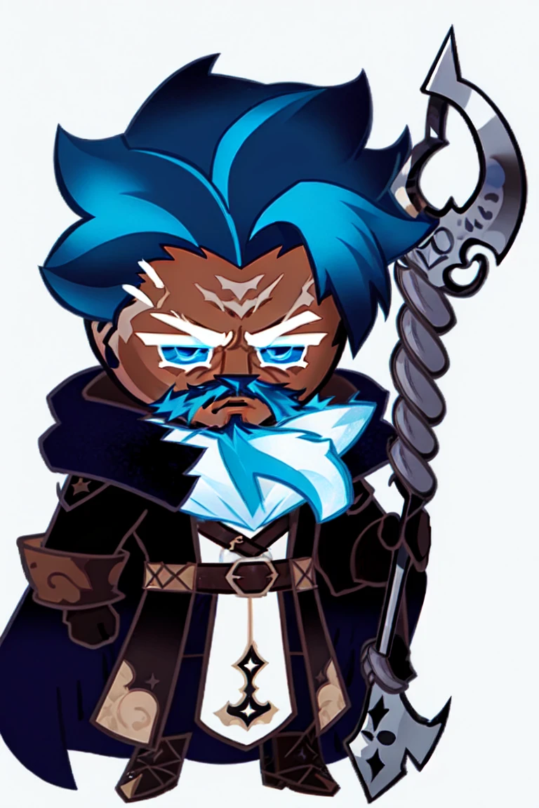 cookierun, male, male_focus, blue hair, battleaxe, blue eyes, heterochromia, best quality, illustration, 1boy, solo, chibi, beard