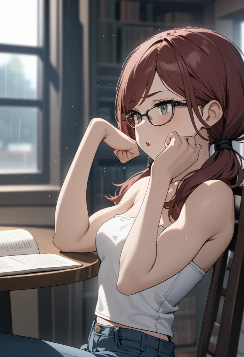 ((Best quality, masterpiece)), one young woman leaning back in chair and yawning while ((flexing biceps)), arms up, open book, eyelashes, close up, beside window, rain falling outside, (strapless) white tank top, jeans, gray eyes, glasses, swept bangs, low twin tails, dark red hair, stoic, hand on own face, very tired expression, library, sitting on chair in front of table, depth of field, blurred background, light particles, small breasts, (toned arms), (particles:1.1),