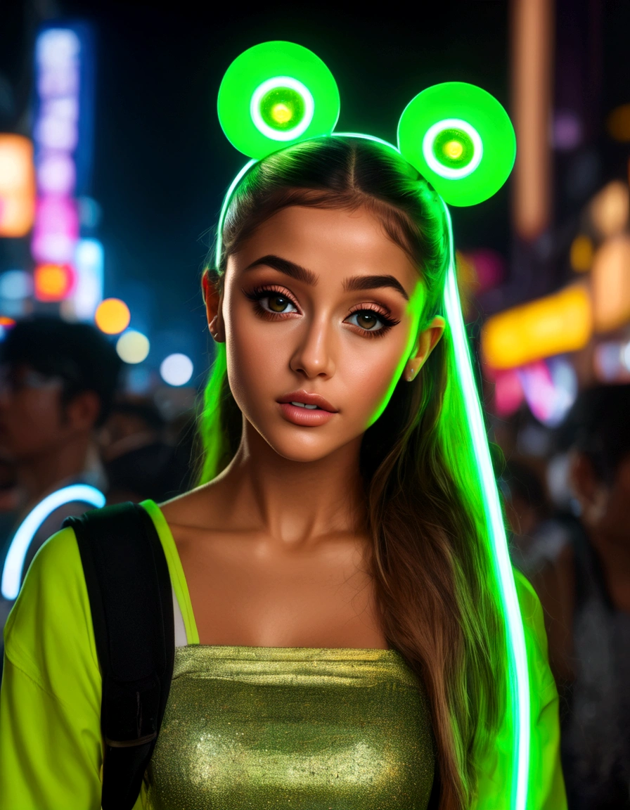 ariana grande, beautiful detailed eyes, beautiful detailed lips, extremely detailed eyes and face, long eyelashes, neon green rave outfit, Carrying green glow stick wands and wearing glowing jewelry, walking on street at night in bangkok leading people to a rave, crowded street, light rain, friendly and flirtatious expression, photorealistic, 8k, (best quality,4k,8k,highres,masterpiece:1.2),ultra-detailed,(realistic,photorealistic,photo-realistic:1.37),HDR,UHD,studio lighting,ultra-fine painting,sharp focus,physically-based rendering,extreme detail description,professional,vivid colors,bokeh (Attention: Show her from head to toe, full body shown, show all of her)
