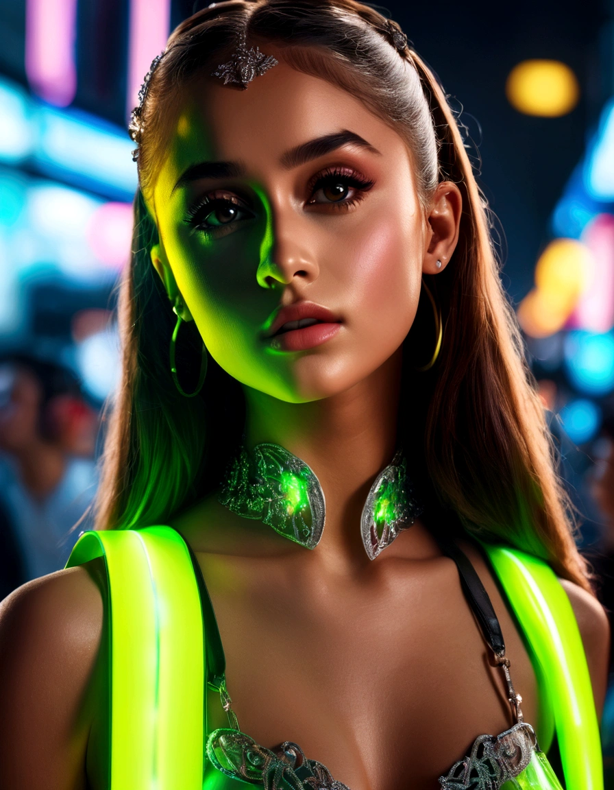 ariana grande, beautiful detailed eyes, beautiful detailed lips, extremely detailed eyes and face, long eyelashes, neon green rave outfit, Carrying green glow stick wands and wearing glowing jewelry, walking on street at night in bangkok leading people to a rave, crowded street, light rain, friendly and flirtatious expression, photorealistic, 8k, (best quality,4k,8k,highres,masterpiece:1.2),ultra-detailed,(realistic,photorealistic,photo-realistic:1.37),HDR,UHD,studio lighting,ultra-fine painting,sharp focus,physically-based rendering,extreme detail description,professional,vivid colors,bokeh (Attention: Show her from head to toe, full body shown, show all of her)
