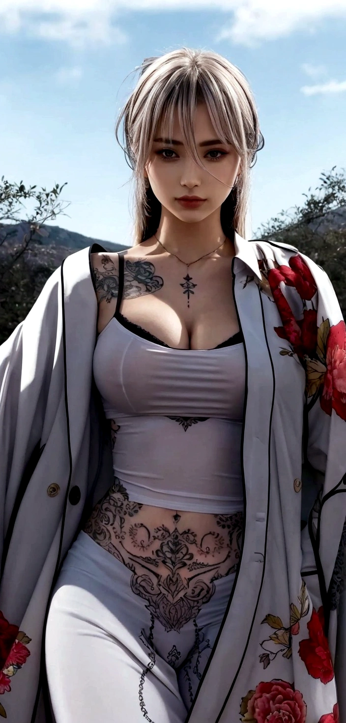 a woman with a tattoo on her chest and a white shirt, realistic 