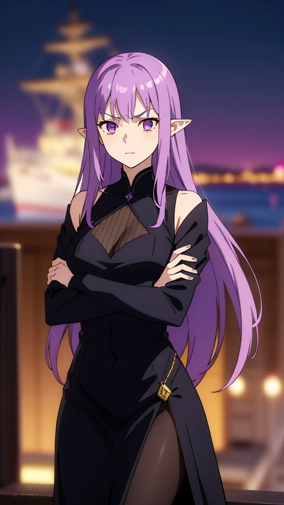 (1girl,30 years old, female),pointy ears,purple eyes,purple hair,long hair,serious,black dress,(night,harbor,ship),crossed arms,looking away