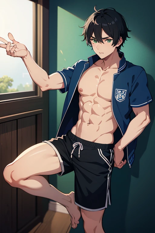 Anime characters: male, 1boy, black hair, short hair, green eyes, pectorals are oversized, pige pecs, a photograph of  varsity jacket shirt and shorts, blue shorts,  8k uhd, dslr, soft lighting, high quality, film grain, Fujifilm XT3