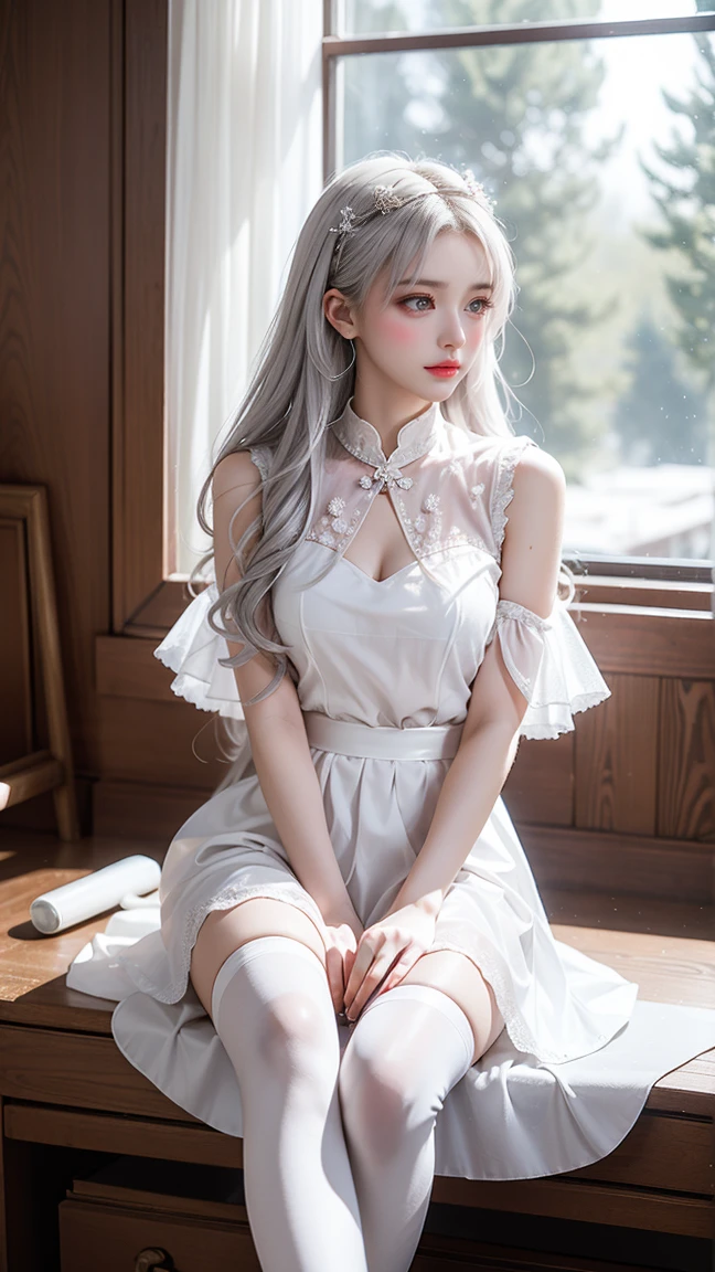 Top quality work,practical work,Super premium graphics card,8KHD CG works,High-quality graphics,HD CG works,10x pixel,Extremely fine details:1.1,Advanced technical details:1.1. Reality,室内Lighting Effects:1.5,Natural light:1.5. Lighting Effects(virtual Lighting Effects:1.8),長いSilver Hair,Silver Hair,Transparent hair,Attention to hair details(High-quality hair details:1.1)Clear eyes,Beautiful double eyelids,锐利的Eye Makeup, Delicate eyelash makeup, Sparse eyebrows, Very detailed eyes,high nose, Beautiful red lips, Rosy Cheeks, Face with light makeup , Cute face, Perfectly balanced face shape,(Advanced face detailing:1.1),Girl in maid costume、 role play, Knee socks, High heel, transparent,,The moonlight pours down like water,Foggy Room,It's like a fairy in a picture,Slender sexy legs,Good looking,Beautiful and exquisite,Like a finely carved jade、The waves in my eyes are like twinkling stars,Showing the light of patience and wisdom。The bridge of the nose is straight,Cherry lip color, Her face is clear,Her skin is as white as jade,Shines with a healthy glow,Her makeup is light.,Not too much frills,Light-colored foundation can enhance the transparency of the skin.,Eye Makeup: Eyeshadow and eyeliner,Make her eyes brighter、Happier、Add a touch of glamour and sophistication,Wear white clothes to protect against the snow,Clothes fluttering,it'About to be blown away by the wind,Drifting away。Beautiful embroidery patterns on clothes,既不失grace,Demonstrating incredible skills。Wear a wide belt around your waist,上面挂着一枚transparent玉坠.,Swinging with her movements。Her hair was tied back casually.,Repair with hosta,A few strands of hair swaying gently in the wind,Add a little softness、Captivated everyone'notes、grace、mystery、Full of power。