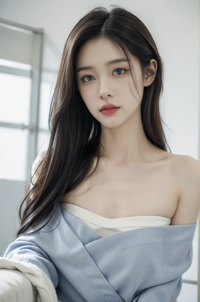(((best quality))), (((ultra detailed))), (((masterpiece))), illustration,((a fragile and beautiful young girl,solo)),((slim,thin)),((small breasts,flat chest)),((sitting on a hospital bed)),(strapless vertical striped blue and white patient's bra:1.2), ethereal appearance,(shoulder length straight hair:1.2), delicate features, expressive eyes, porcelain skin, worried expression, vertical stripes on the gown, loose fit, slender fingers, polished nail polish, clinical examination room, faded walls, doctors' cart, stainless steel, hospital backdrop, stark contrasts, cold environment, warmth and vulnerability, poignant moment, moving image,((from front,close-up of face)),