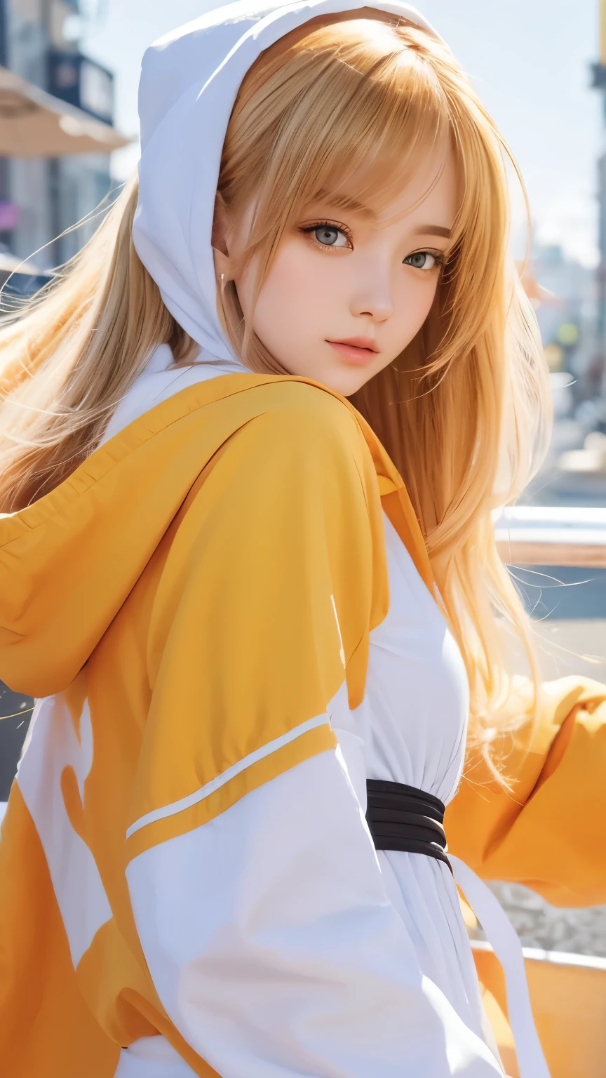 Highest quality, masterpiece, High resolution, 8K, Hoodies and anime style girls, One Girl, Detailed line drawing, Bright White and Bright Amber Styles, Digital Enhancement, close, Anime Core, Flowing fabric