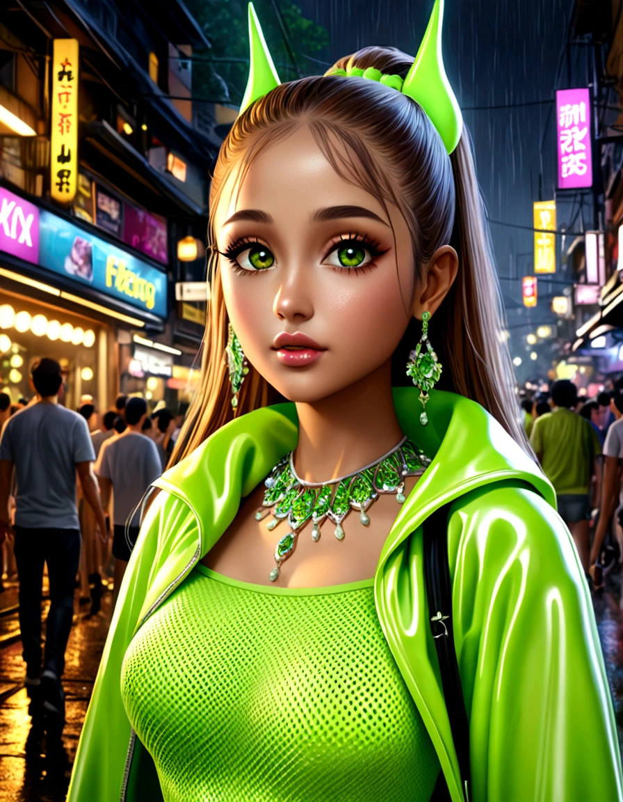 ariana grande, beautiful detailed eyes, beautiful detailed lips, extremely detailed eyes and face, long eyelashes, neon green rave outfit, Carrying green glow stick wands and wearing glowing jewelry, walking on street at night in bangkok leading people to a rave, crowded street, light rain, friendly and flirtatious expression, photorealistic, 8k, (best quality,4k,8k,highres,masterpiece:1.2),ultra-detailed,(realistic,photorealistic,photo-realistic:1.37),HDR,UHD,studio lighting,ultra-fine painting,sharp focus,physically-based rendering,extreme detail description,professional,vivid colors,bokeh (Attention: Show her from head to toe, full body shown, show all of her)