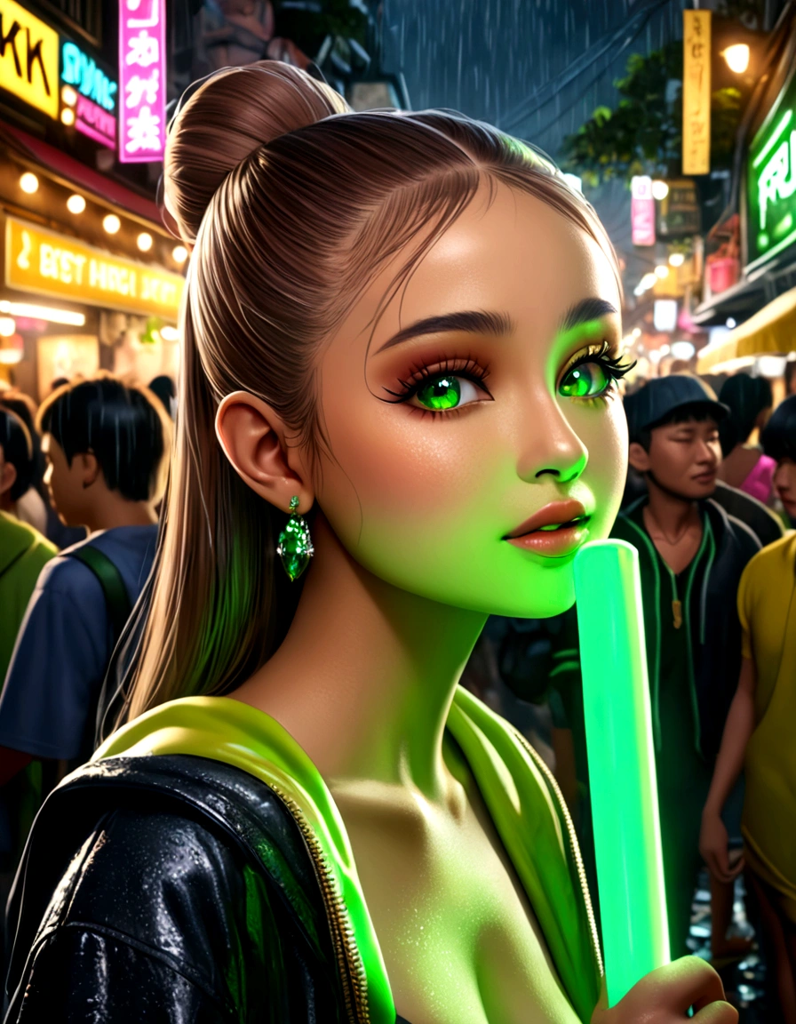 ariana grande, beautiful detailed eyes, beautiful detailed lips, extremely detailed eyes and face, long eyelashes, neon green rave outfit, Carrying green glow stick wands and wearing glowing jewelry, walking on street at night in bangkok leading people to a rave, crowded street, light rain, friendly and flirtatious expression, photorealistic, 8k, (best quality,4k,8k,highres,masterpiece:1.2),ultra-detailed,(realistic,photorealistic,photo-realistic:1.37),HDR,UHD,studio lighting,ultra-fine painting,sharp focus,physically-based rendering,extreme detail description,professional,vivid colors,bokeh (Attention: Show her from head to toe, full body shown, show all of her)