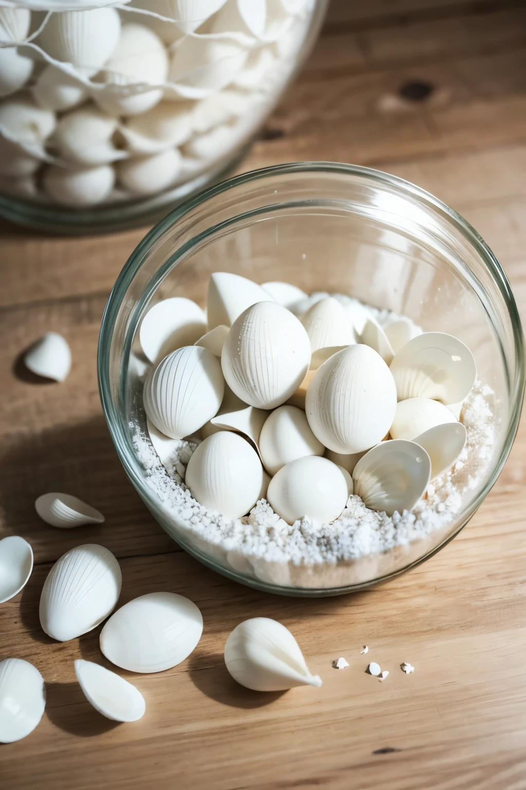 crushed white egg shells inside a glass jar with some shells outside of it, let it be just the white egg shells