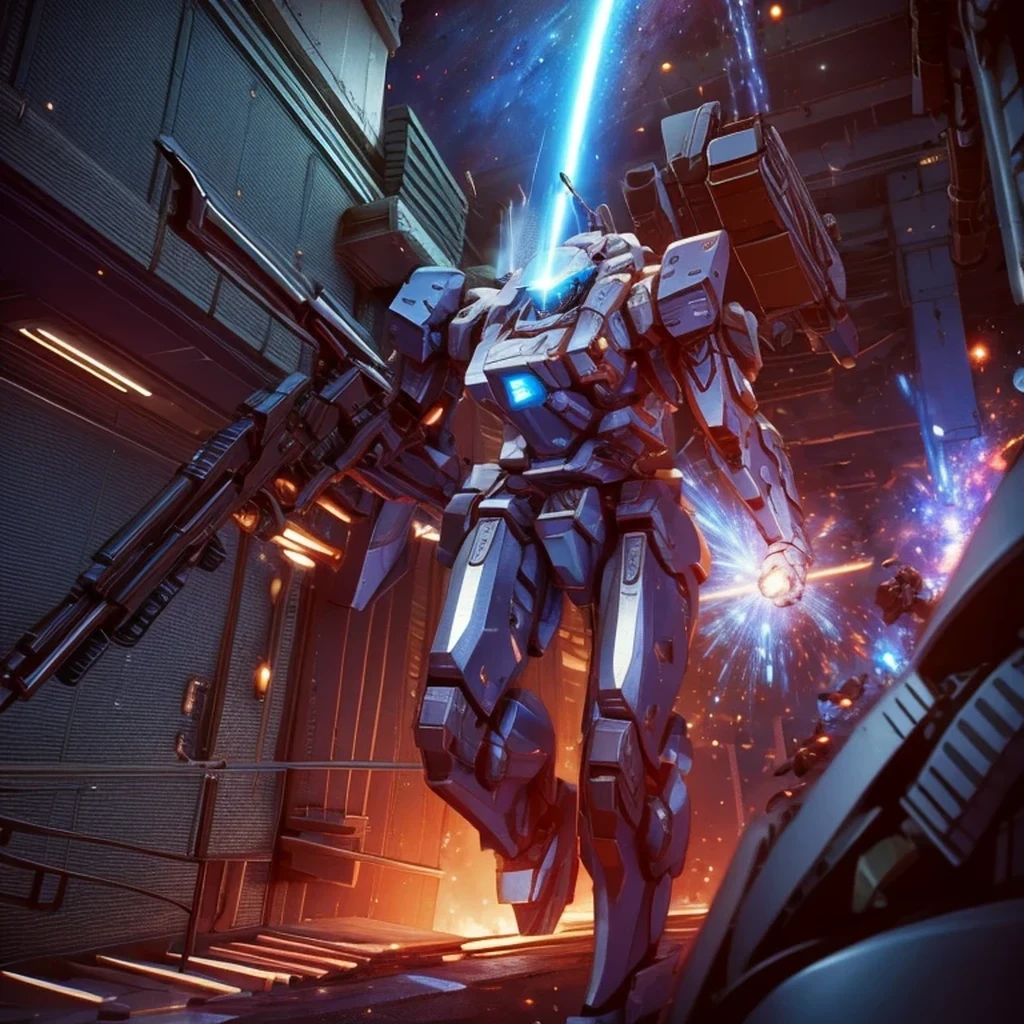 Obra de arte, melhor qualidade:1.7)Mech branco e azul com detalhes dourados, médio, segurando uma sniper azul grande. Realistic, Extremely detaild, 4K UHD, HDR, naturallight, cinematic lighting, masterpiece-anatomy-perfect, ultra HD, (Space Combat:1.5, Battlefield:1.5), RAW photo, metallic, ultra-fine painting, perfect body proportions, anatomically correct, real texture material, Anti-Aliasing, TXAA, SSAO, Post Processing, Post Production, Tone Mapping, CGI, VFX, SFX, Hyper maximalist, ultra photorealultra-detailed intricate details.