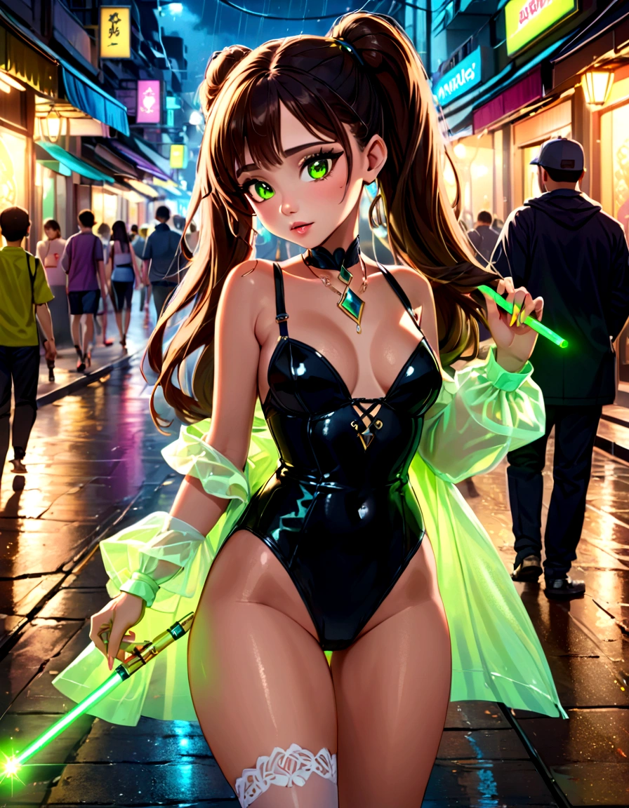 ariana grande, beautiful detailed eyes, beautiful detailed lips, extremely detailed eyes and face, long eyelashes, neon green rave outfit, Carrying green glow stick wands and wearing glowing jewelry, walking on street at night in bangkok leading people to a rave, crowded street, light rain, friendly and flirtatious expression, photorealistic, 8k, (best quality,4k,8k,highres,masterpiece:1.2),ultra-detailed,(realistic,photorealistic,photo-realistic:1.37),HDR,UHD,studio lighting,ultra-fine painting,sharp focus,physically-based rendering,extreme detail description,professional,vivid colors,bokeh (Attention: Show her from head to toe, full body shown, show all of her)
