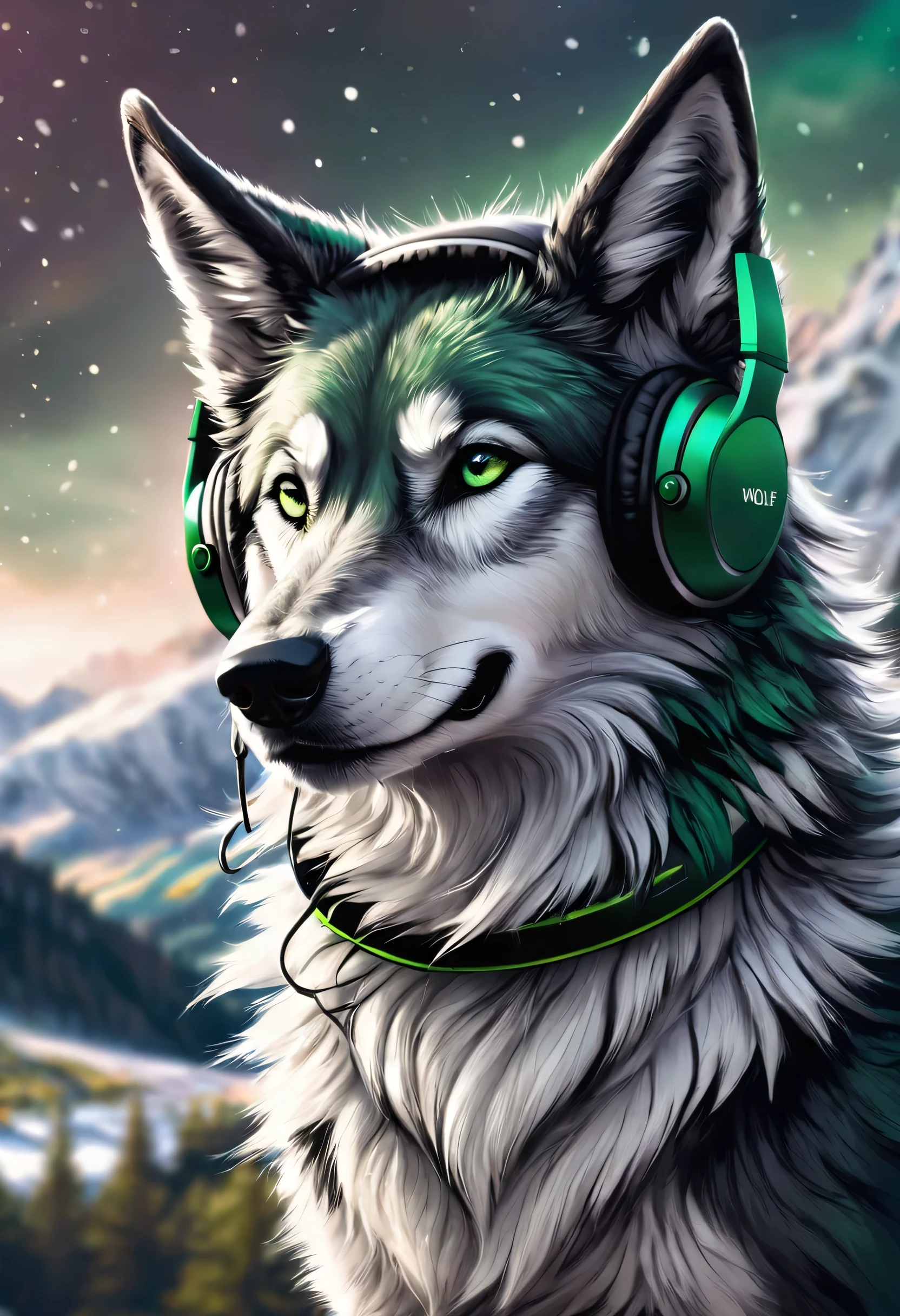 (Highest quality,High resolution:1.2),Dark green wolf-like dog,Has headphones around his neck,A world in black and white,Contrast,Moderate:figure,Detailed wolf pelt,Vibrant colors,Playful expressions,Sharp focus,Detailed landscape,Whimsical atmosphere,Soft lighting,Subtle texture