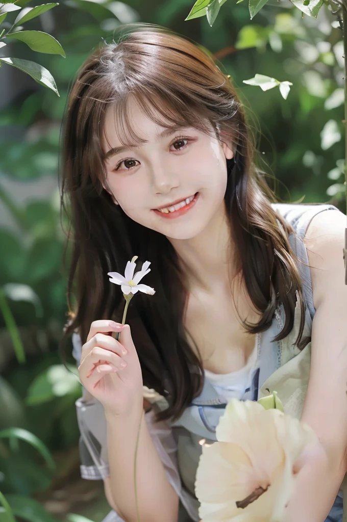 masterpiece, best quality, High school student,,Round glasses,Holding a flower in hand,youth,Light shirt,Thin stature,White background,happy,Smile,Smile,Hair accessories,Light,Sunlight,Lighting,Light and Shadow,(Extremely detailed CG unity 8k wallpaper), (best quality), (Best Illustration Award), (The best shadow), absurd, Realistic lighting, (abyss), Beautiful and delicate light, Leng Jun