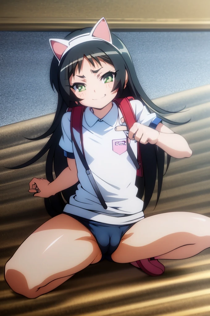 masterpiece, ultra quality, ultra sharp, ultra detailed, 1girl, solo, (((good anatomy))), haduki kurumi, (tattered torn dripping wet white gym shirt), navy gym pants, animal ears, randoseru, name tag, Japanese anime pose, laugh, BurumaShorts, Buruma, Gym Uniform, ((sitting, squatting, spread_legs, legspread, split_legs, spreading legs)), (randoseru backpack:1.4), (((smirk smile))), buruma, blue buruma, black buruma, (cameltoe), (tattered torn short sleeve white gym uniform with colored hem), (tiny nipples), (white long loose socks), strong lighting, legspread, bukkake, cum on clothes, cum on legs, cum on buruma, cum on bloomers,