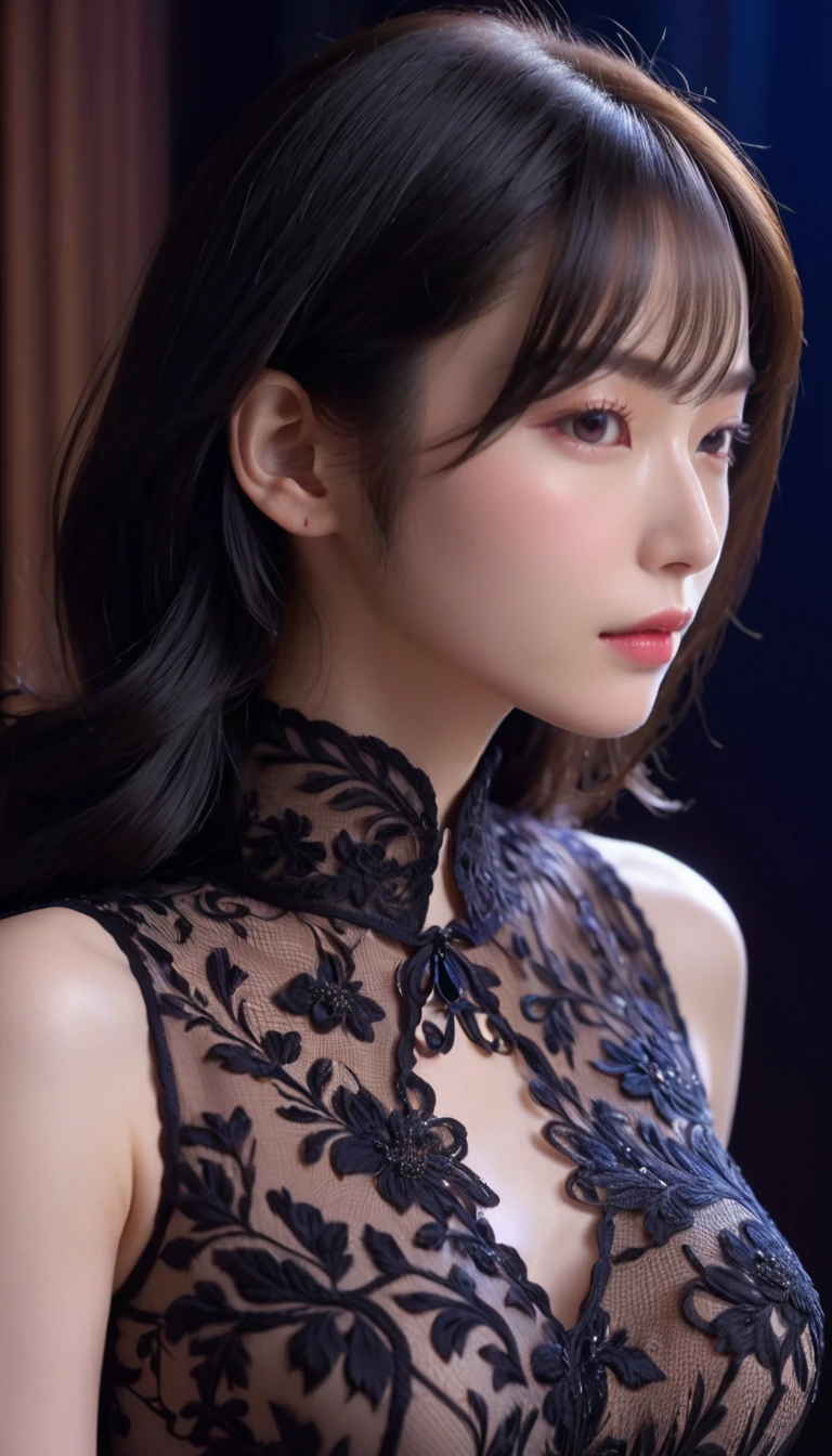 ((最大16K解像度のmasterpiece:1.6)),beautiful,Highest quality,Absolutely wonderful,Very detailed,Ultra-high resolution,masterpiece,Realistic,Realistic,Increased depth of field,Cinematic Light, 
One elegant mature woman, Long black hair,beautiful顔,Very detailedな顔の表現,Face with a gentle expression,Transparent white skin,Very delicate skin texture,Great proportions,Anatomically correct body, 
Sexy high slit dress,Gorgeous colors,Gorgeous and detailed pattern,Beautifully detailed pattern,Detailed cloth texture,
Black Background,
Focus on the upper body,((Face close-up:1.5)),