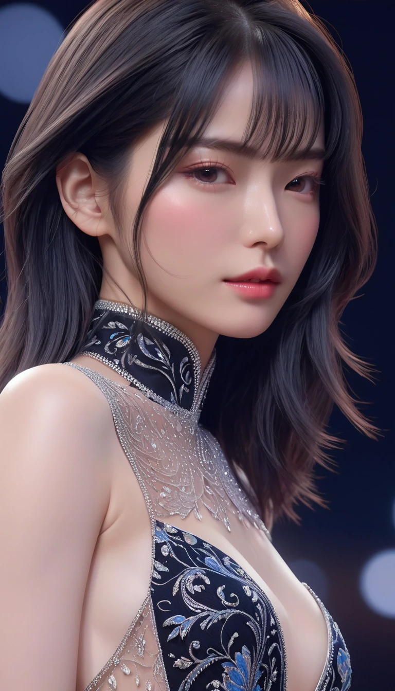((最大16K解像度のmasterpiece:1.6)),beautiful,Highest quality,Absolutely wonderful,Very detailed,Ultra-high resolution,masterpiece,Realistic,Realistic,Increased depth of field,Cinematic Light,
One elegant mature woman, Long black hair,beautiful顔,Very detailedな顔の表現,Face with a gentle expression,Transparent white skin,Very delicate skin texture,Great proportions,Anatomically correct body,
Sexy high slit dress,Gorgeous colors,Gorgeous and detailed pattern,Beautifully detailed pattern,Detailed cloth texture,
Black Background,
Focus on the upper body,((Face close-up:1.5)),