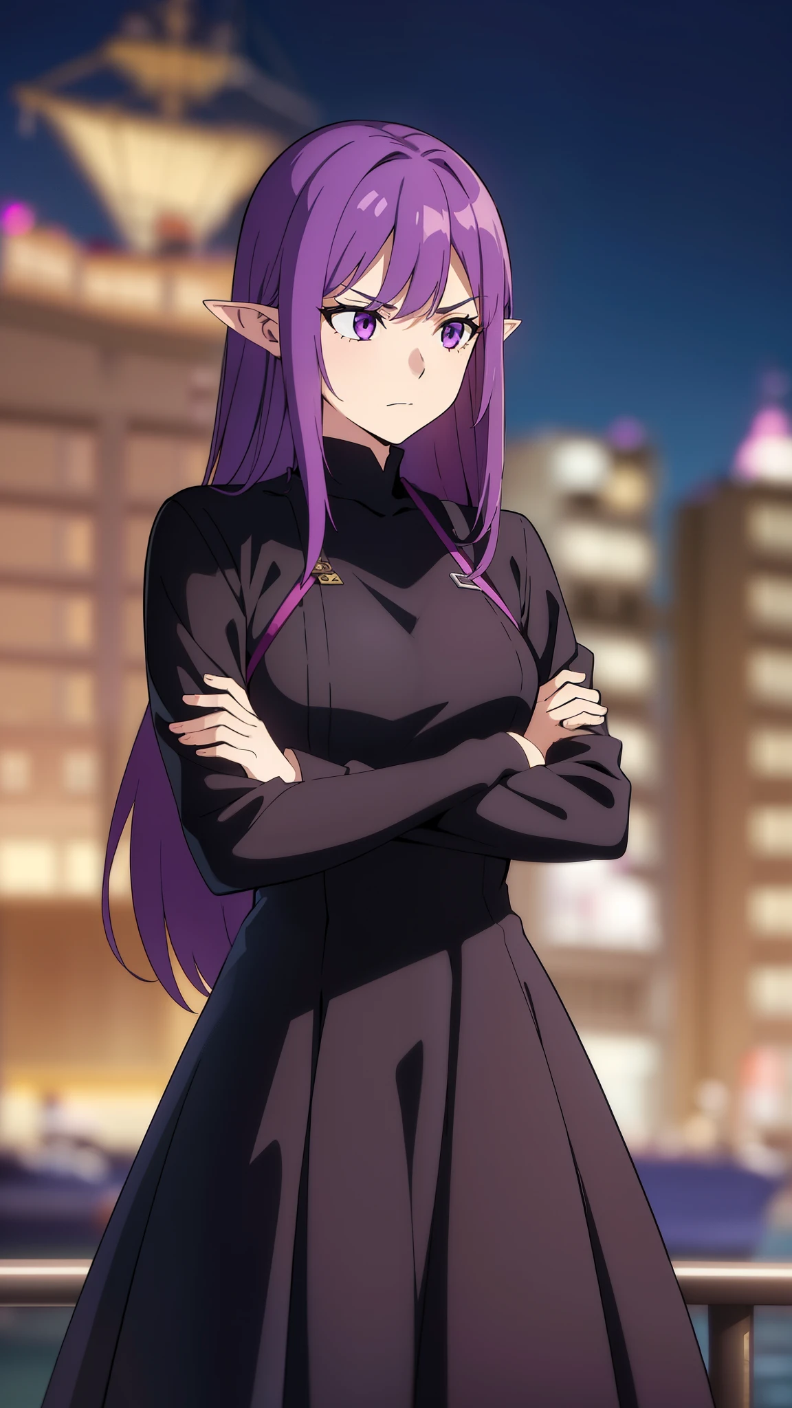 (1girl,30 years old,mature female),pointy ears,purple eyes,purple hair,long hair,serious,black dress,(night,harbor,ship),crossed arms,looking away
