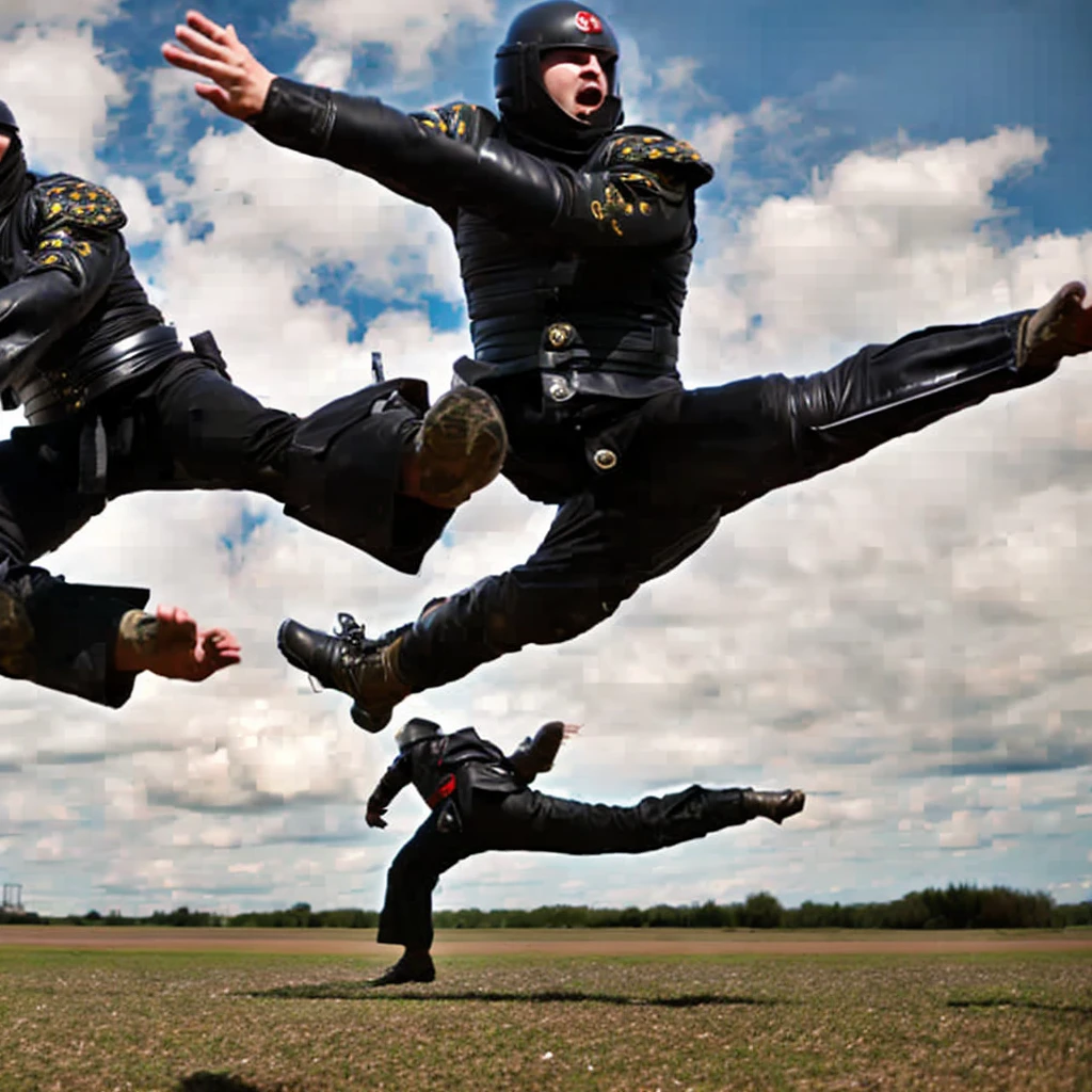 Aerial swordfighting ninjutsu fighters, falling from the sky, sparks from metal on metal contact, clouds, bright spring day.. No extra legs, no extra body parts,  