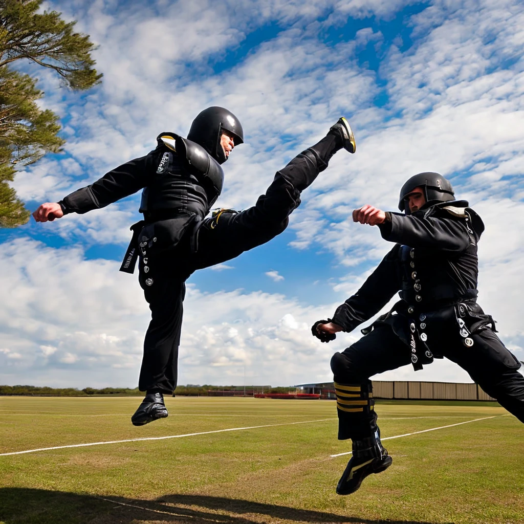 Aerial swordfighting ninjutsu fighters, falling from the sky, sparks from metal on metal contact, clouds, bright spring day.. No extra legs, no extra body parts,  