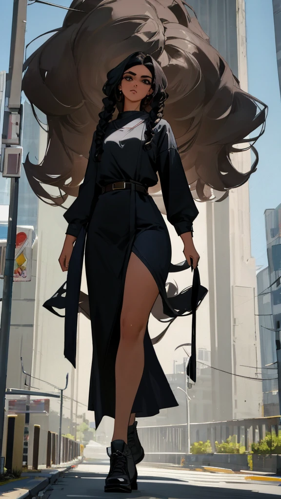 In the image, a 24-year-old woman with a full-body, ultra-realistic 8K portrait is walking down the street. She has a small face with small, intense black eyes, thick eyebrows, a small and thin mouth, and slightly bronzed skin. Her long, heavy, and curly black hair cascades down. Standing at 1.57m tall, she has a beautiful and intimidating presence. In the background, Jesus is depicted watching over her, protecting her from surrounding demons.