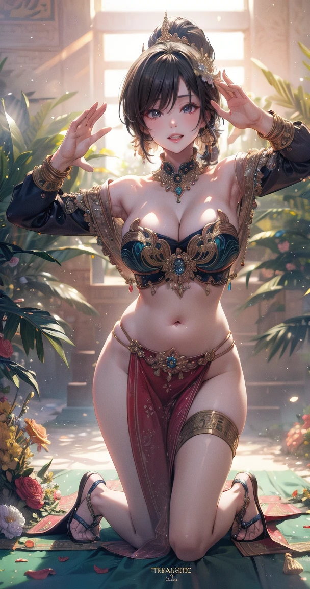 (Masterpiece:1.5), (((High qualityสุด, best quality, High quality))), ((complicated details, very detailed, Crazy details)), height, 32ก, Extremely detailed CG 8K unity wallpaper., (beautiful and beautiful:1.2),, (depth of field:1.3), (Flawless.:1.3), (Delicate depiction of details:1.4),
(((Abundant natural light, Delightful bright colors))), (Ambient volumetric backlight:1.5),  (Illustration of an extremely beautiful young woman:1.3),
(upper body:1.4), (perfect center:1.4), (Natural willow pose:1.5), (((dynamic poses, movie corner))),
(1milf:1.5), (alone:1.4),
beautiful beautiful face, [(detailed face:1.2):0.2], Bright eyes, Pure Rose Face_v1, ulzzang-6500-v1.1,  (gag:1.5), (red lips:1.4), (full lips:1.4), (smile:1.3),
Flawless attractive body, (((The feminine curves are pronounced.))), Skin glows brightly., realistic skin, hair follicles, (((Tightening belly, navel, Groin:1.3))),
(((Golden thread flutters.))), (Fringed tassels:1.3), (Tight long sleeves:1.4), (Single neck), (The invention shines.:1.5),(Strapless Thai dress with no straps:1.3),(Show your breasts,The crevice is clear.), (Elegant and intricate clothing accessories:1.5), (Embroidery work decorated with gems:1.4), (sparkling clothes:1.4), (sparkling particles:1.3), (((The front seam is sagging., Sagging back seam))), (((earring, armband, Hair clips, hair accessories))), (Stand alone in a magical outdoor garden decorated with gems and colorful exotic flowers and shrubs.:1.5), (Outside the great ancient palace:1.5), (((full body))),(((ขับnavel,List of dances,Thai Dance)))
