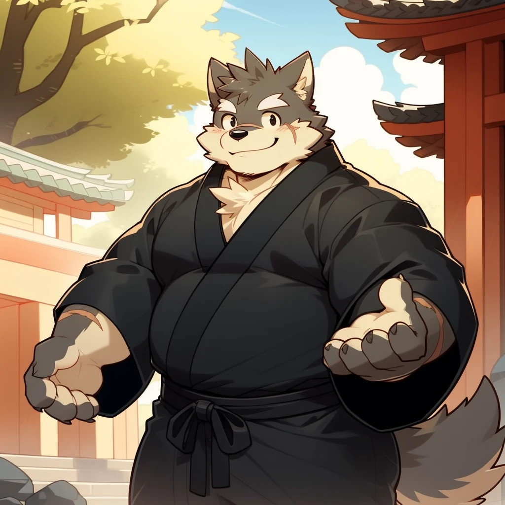 Scribble 黑色柴dog face,Cute face,Humanity(dog),(Black Kimono:1.3),Chubby,(White eyebrows:1.1),(Perfect black eyes),(artist:Takemoto Arashi),(Bulging buttocks),shrine,Scars on the face,Smile,Wolf Tail。