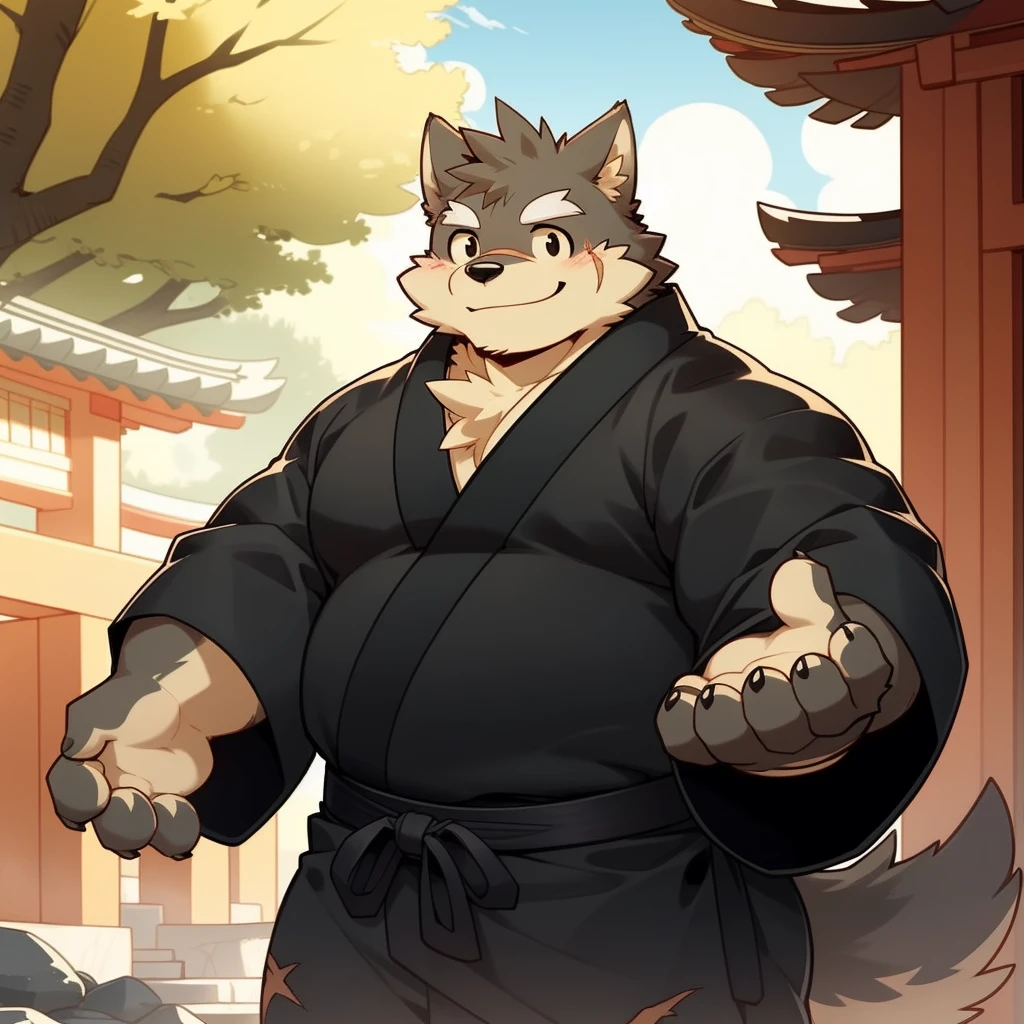 Scribble 黑色柴dog face,Cute face,Humanity(dog),(Black Kimono:1.3),Chubby,(White eyebrows:1.1),(Perfect black eyes),(artist:Takemoto Arashi),(Bulging buttocks),shrine,Scars on the face,Smile,Wolf Tail。