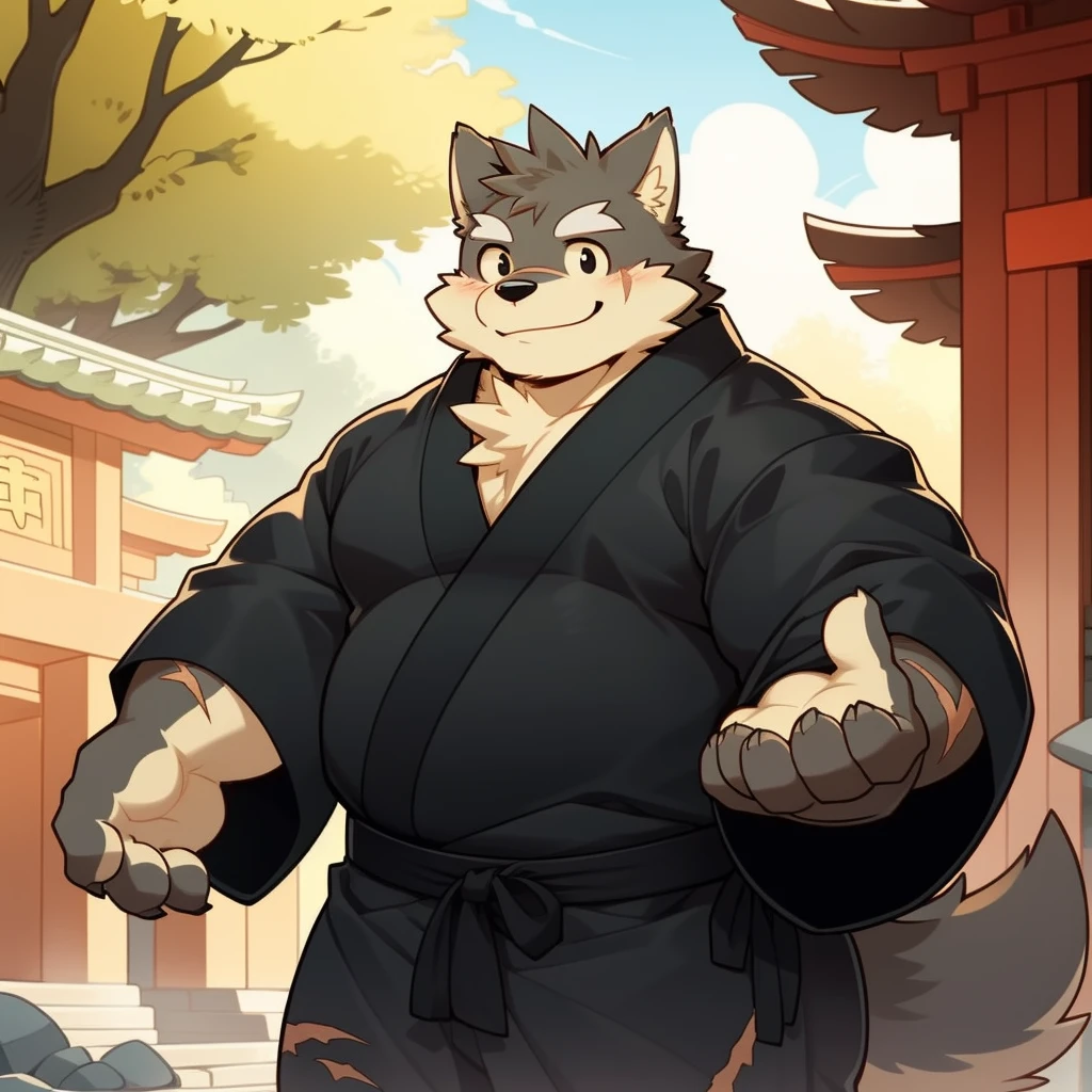 Scribble 黑色柴dog face,Cute face,Humanity(dog),(Black Kimono:1.3),Chubby,(White eyebrows:1.1),(Perfect black eyes),（artist:Takemoto Arashi）,(Bulging buttocks),shrine，Scars on the face，Smile，Wolf Tail。