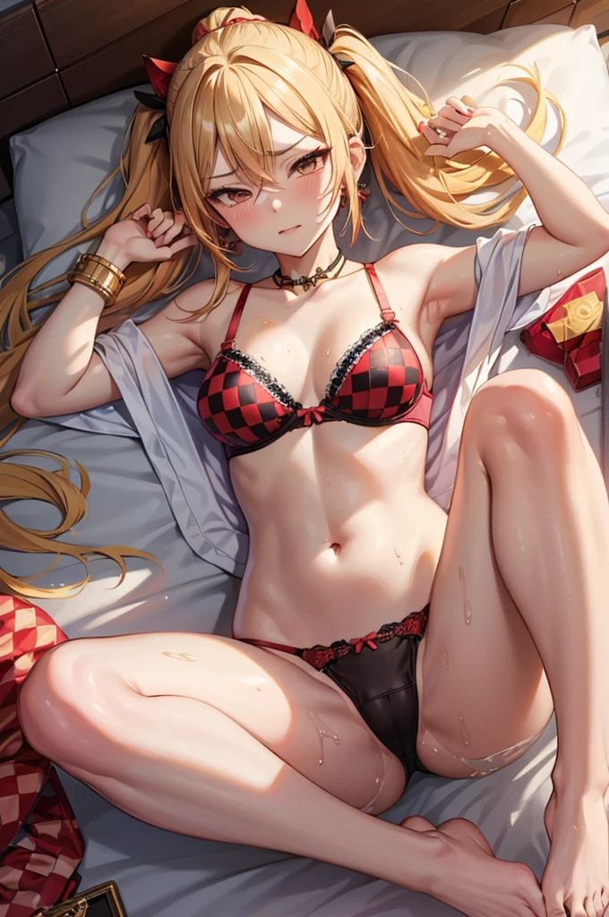 (A beautiful young Japanese woman), nsfw, Detailed Background, (((独奏))), ((Excellent anatomy: 1.2)), (Golden Hair, Short pigtails), flat chest, (dark skin:1.３), (green eyes), (Short), (Beautiful Eyes), (Red checkered bra:1.5), (Red checkered panties:1.3), (Angry:1.2), Blushing, (Watery eye:1.5), (Golden bracelet), (Hair Accessories), Gold Necklace, Earrings, Bedroom, Lying on the bed, barefoot, legs up