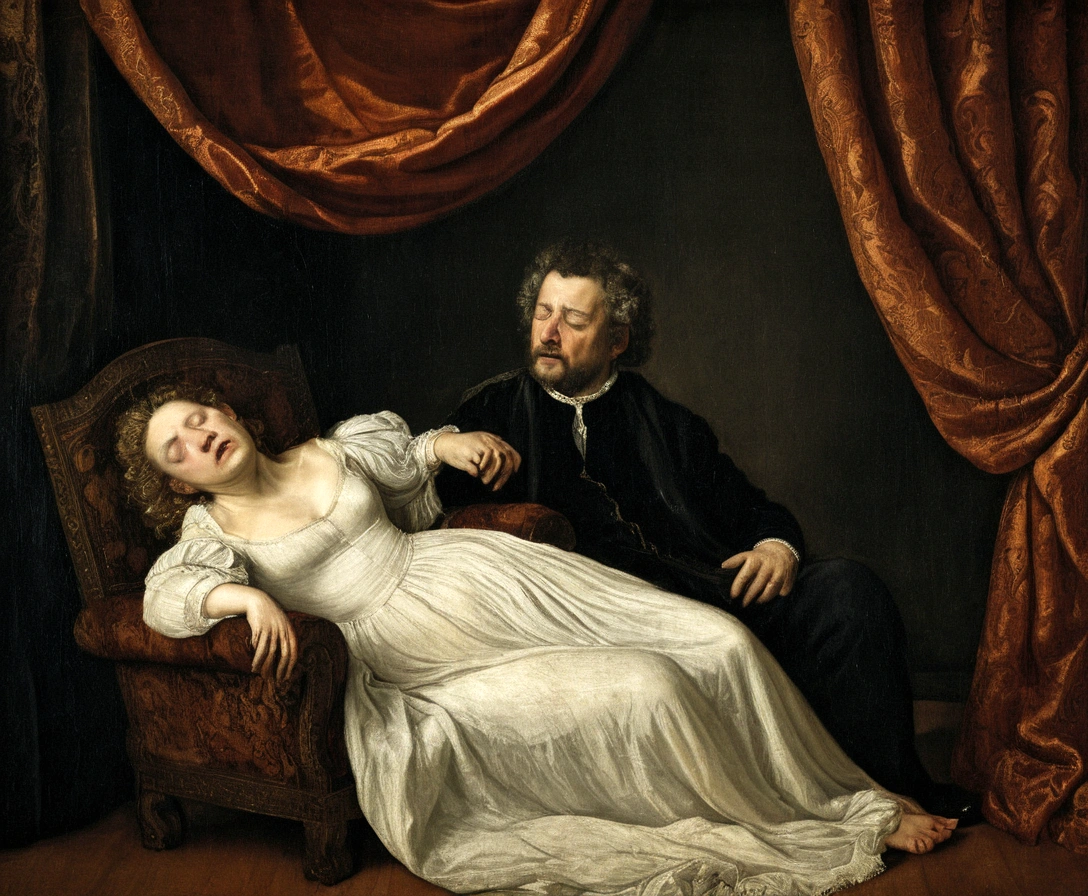 woman lying on an armchair crying with her husband's decapitated head in her hands, curtains open, wind moving the curtains, masterpiece, 16th century painting, baroque style, Renaissance painting, lights and colors in the style of Rembrandt, dark backgrounds, old painting effect, all the details