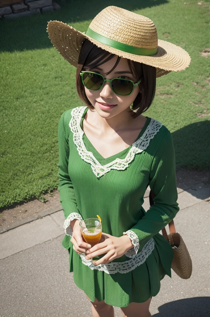 Minecraft character all green with a straw hat and sunglasses