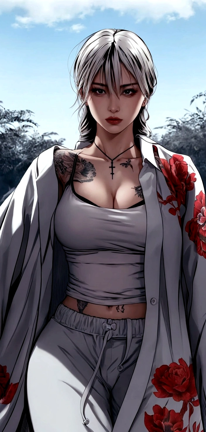 a woman with a tattoo on her chest and a white shirt, realistic 