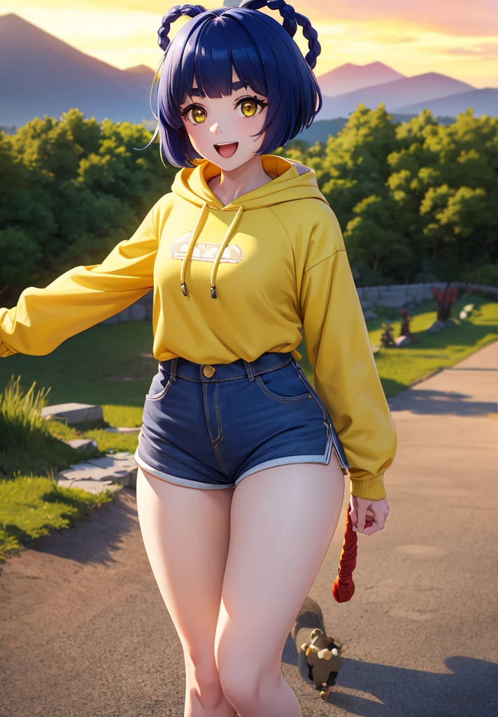 Masterpiece, Best quality, 1 girl, Xiangling (genshin impact), selfie, SMILE, hair ornament, IN, looking at viewer, yellow eyes, short hair, :d, fringes, hairpin, open mouth, long sleeves, eyebrows populated, yellow shorts, short shorts, yellow sports shorts, hoodie, >_<, blue hair, sunset, casual, blur, raised arm, blunt fringe, upper part of the body, suno, alternative costume, sun, arriving to the viewer, xd, sweater, outside, braid, panda, mountain, depth of field, sky