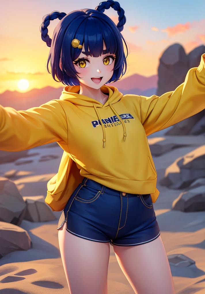 Masterpiece, Best quality, 1 girl, Xiangling (genshin impact), selfie, SMILE, hair ornament, IN, looking at viewer, yellow eyes, short hair, :d, fringes, hairpin, open mouth, long sleeves, eyebrows populated, yellow shorts, short shorts, yellow sports shorts, hoodie, >_<, blue hair, sunset, casual, blur, raised arm, blunt fringe, upper part of the body, suno, alternative costume, sun, arriving to the viewer, xd, sweater, outside, braid, panda, mountain, depth of field, sky