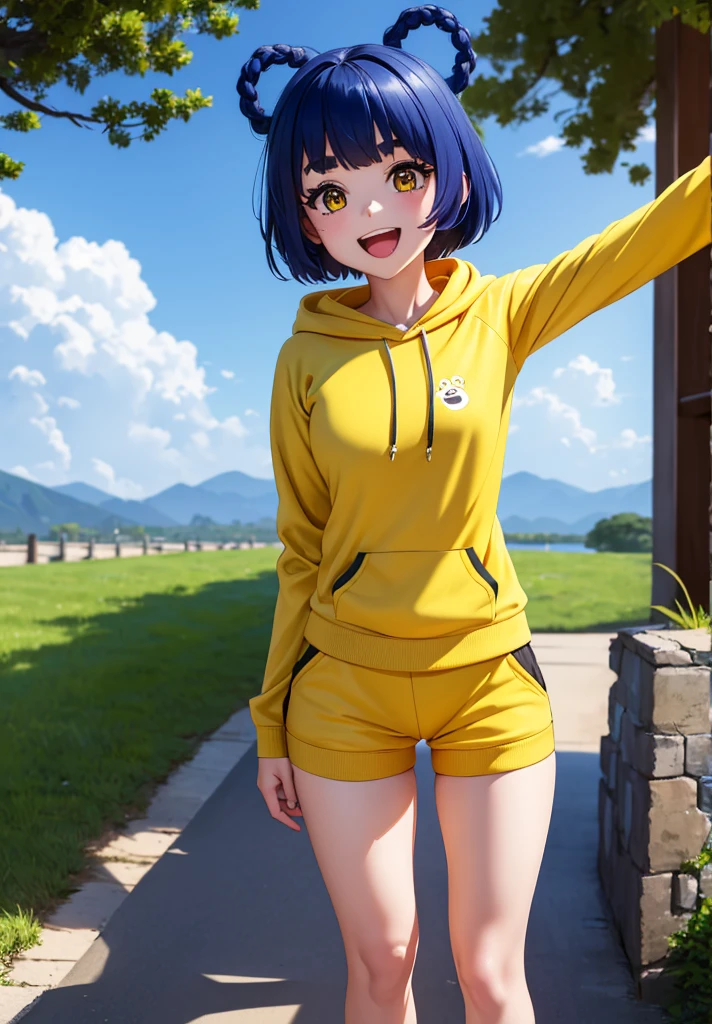 Masterpiece, Best quality, 1 girl, Xiangling (genshin impact), selfie, SMILE, hair ornament, IN, looking at viewer, yellow eyes, short hair, :d, fringes, hairpin, open mouth, long sleeves, eyebrows populated, yellow shorts, short shorts, yellow sports shorts, hoodie, >_<, blue hair, sunset, casual, blur, raised arm, blunt fringe, upper part of the body, suno, alternative costume, sun, arriving to the viewer, xd, sweater, outside, braid, panda, mountain, depth of field, sky