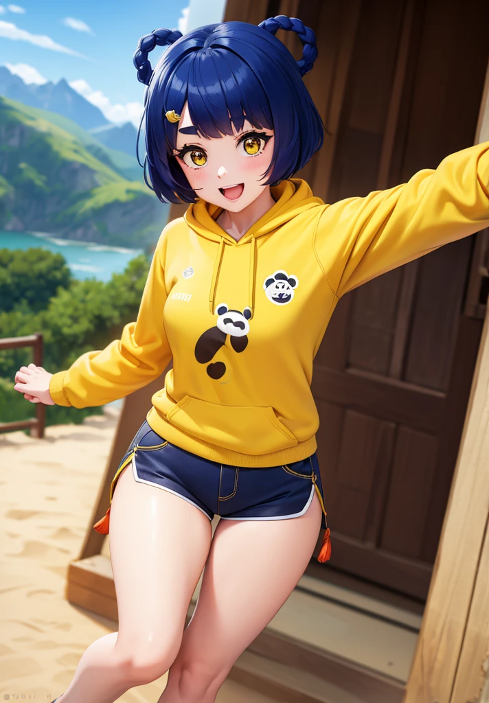 Masterpiece, Best quality, 1 girl, Xiangling (genshin impact), selfie, SMILE, hair ornament, IN, looking at viewer, yellow eyes, short hair, :d, fringes, hairpin, open mouth, long sleeves, eyebrows populated, yellow shorts, short shorts, yellow sports shorts, hoodie, >_<, blue hair, sunset, casual, blur, raised arm, blunt fringe, upper part of the body, suno, alternative costume, sun, arriving to the viewer, xd, sweater, outside, braid, panda, mountain, depth of field, sky