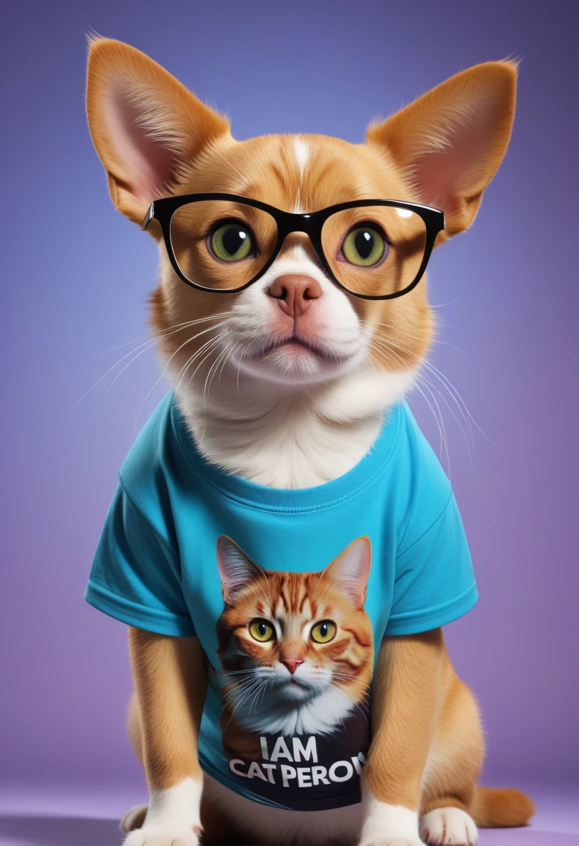 a dog wearing a t-shirt with a cat design, extremely detailed, 1 dog, dog wearing a t-shirt, cat design on t-shirt, text on t-shirt saying "I am a cat person", realistic, highly detailed, 8k, photorealistic, studio lighting, vibrant colors, sharp focus, masterpiece
