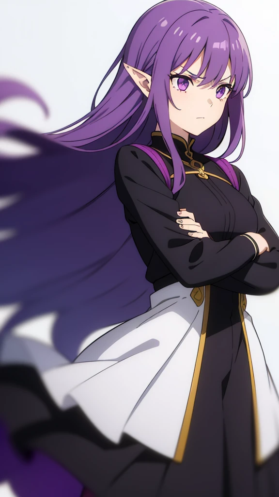 (1girl,30 years old,mature female),pointy ears,purple eyes,purple hair,long hair,serious,black dress,(simple background,white background),crossed arms,looking away