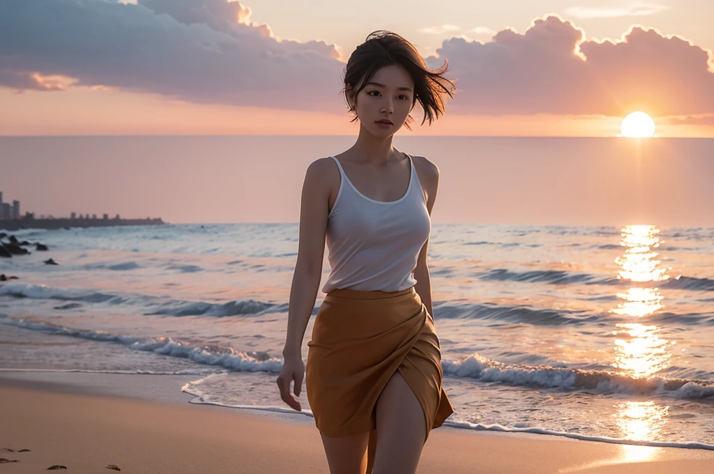 8k realistic, lifelike photo, Realistic appearance of nature, , Woman walking along the beach at sunset. Viewed from a distance with a wide-angle lens , Front view of Asian woman wearing light skirt, burning sunset light, 1 woman, Short hair blowing slightly in the wind, Looking at the camera, short medium hair